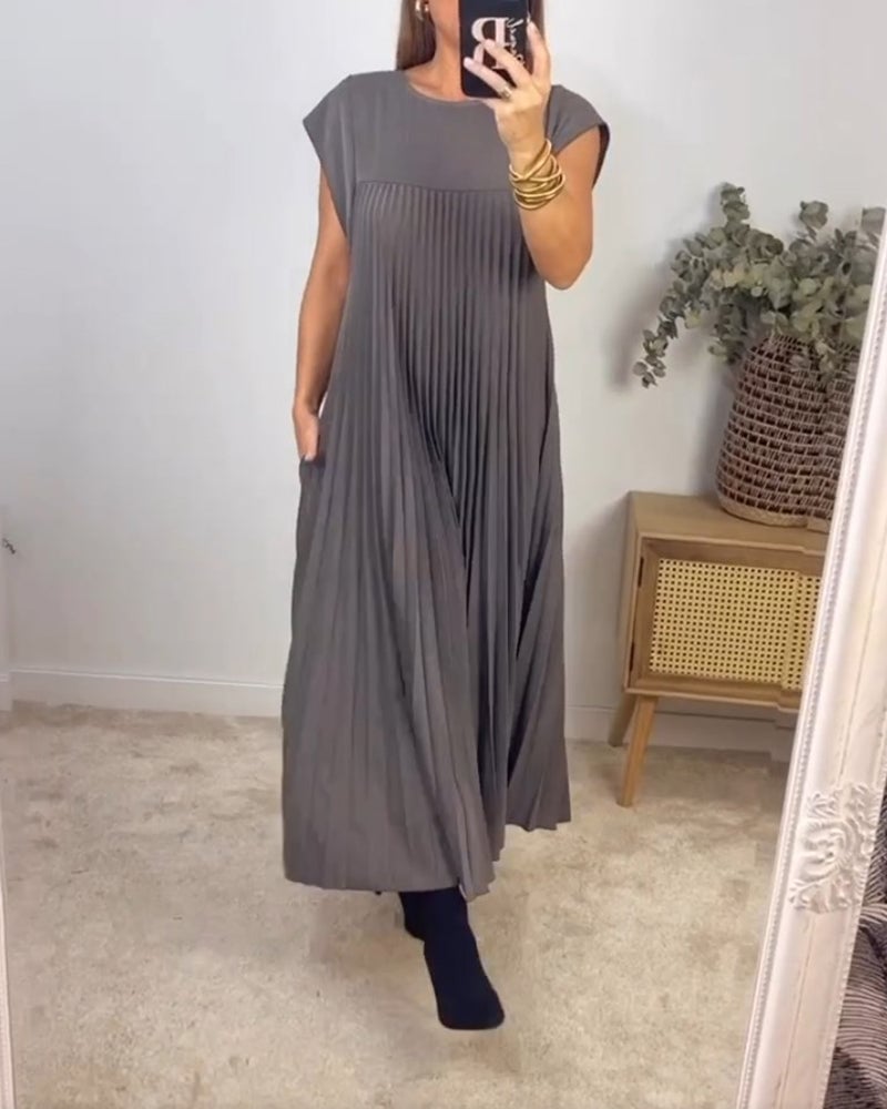 Femeile plisate rochie simplă de culoare solidă-12