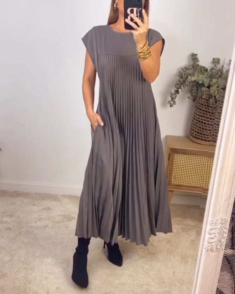 Femeile plisate rochie simplă de culoare solidă-11