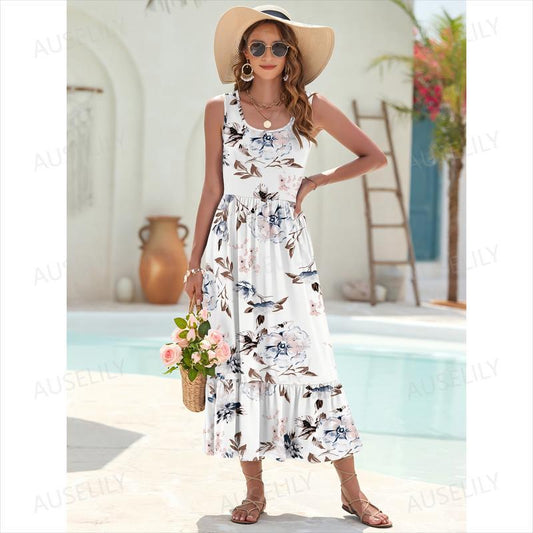 💃Rochie Maxi de Vară pentru Femei, Fără Mâneci, cu Model Floral Soare, Decolteu Pătrat, Casual, Volane, cu Buzunare