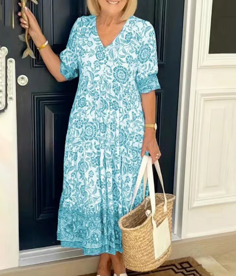 【M-5XL】🌺Rochie imprimată cu decolteu în V, elegantă și stilată-5
