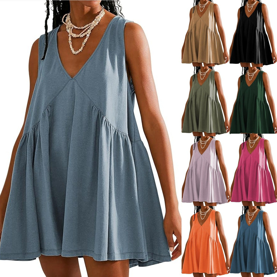 💃 Rochie mini de vară fără mâneci, cu decolteu în V, pentru femei