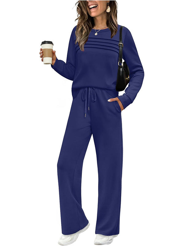 👖 🔥💓Damen-Set mit Rundhalsausschnitt-Oberteil und Hose mit Kordelzug💯