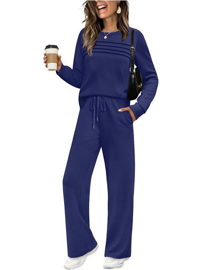 👖 🔥💓Damen-Set mit Rundhalsausschnitt-Oberteil und Hose mit Kordelzug💯