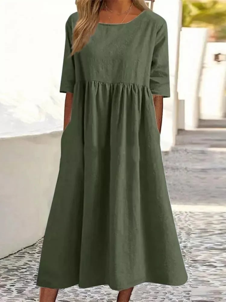 【S-5XL】👗Rochie din bumbac cu decolteu rotund și buzunare-5