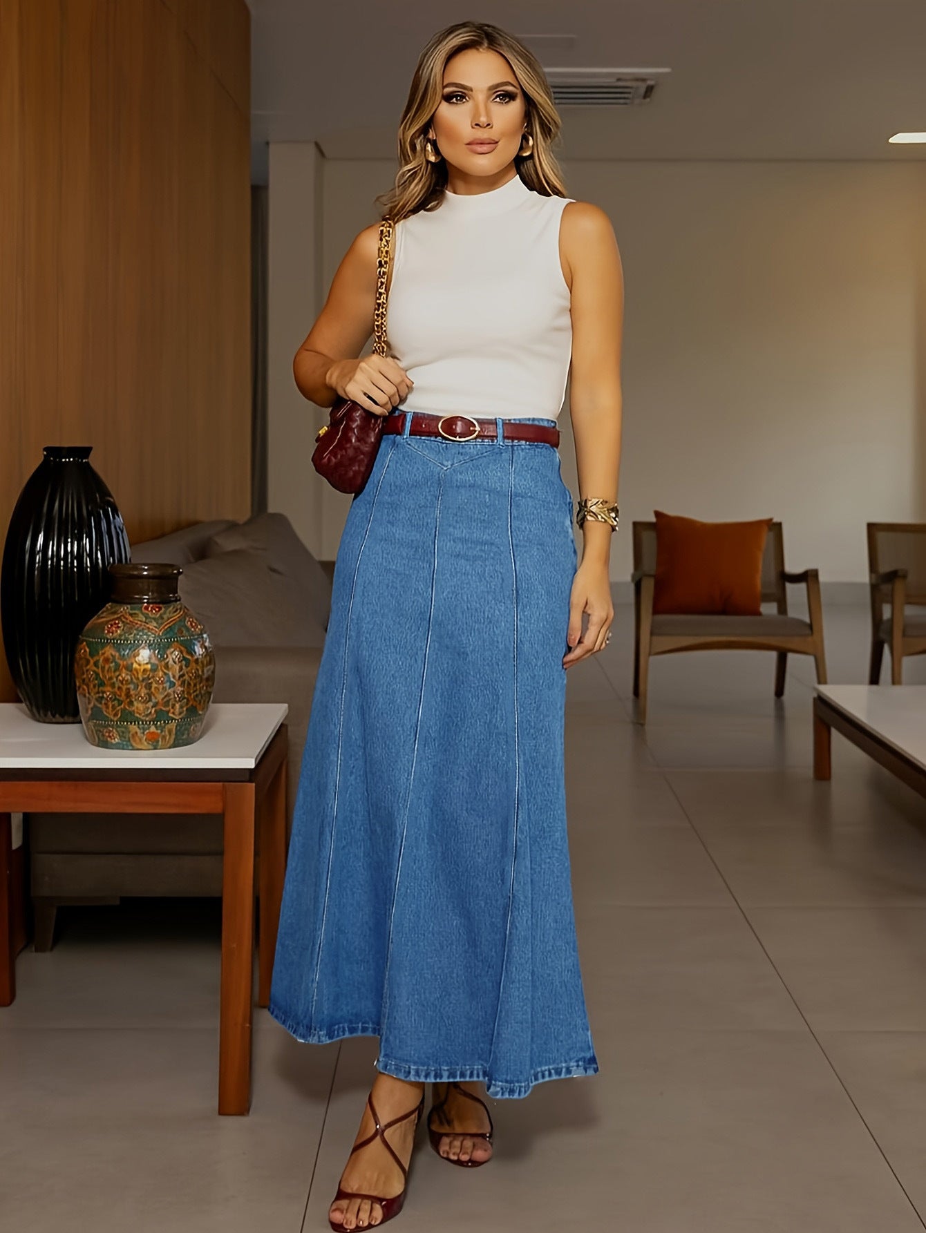 Fustă lungă din denim pentru femei-12