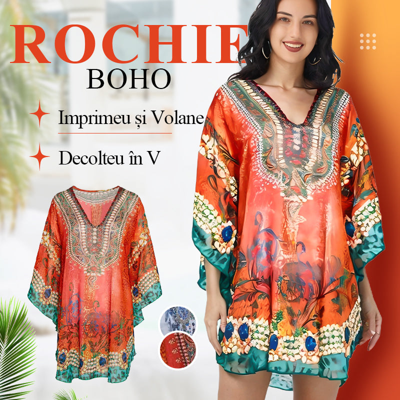 [S-5XL]💃Rochie Boho cu Imprimeu și Volane, Decolteu în V
