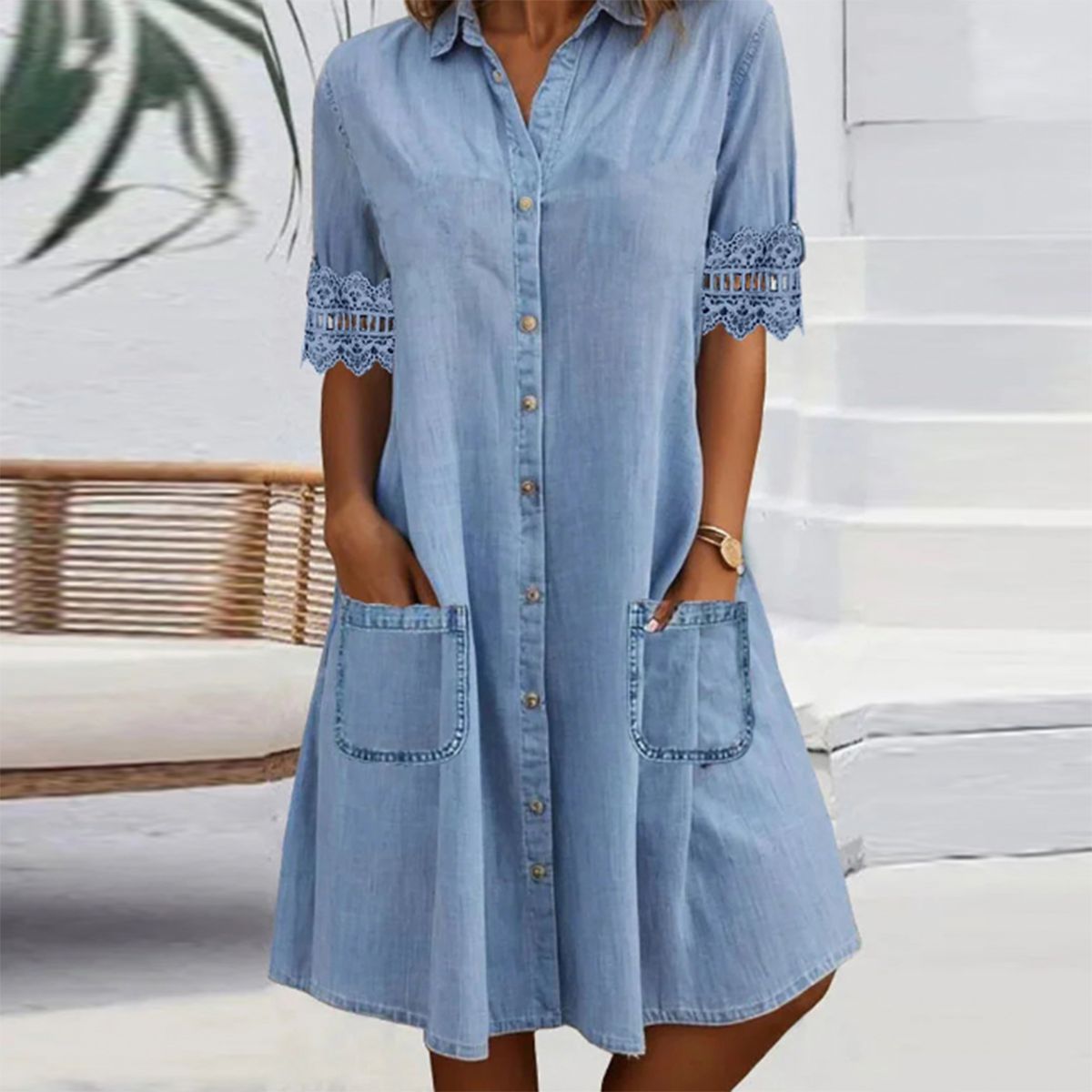 ⏳Rochie mini din denim albastră simplă, cu guler și tiv dantelă-1