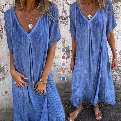 👗Памучна едноцветна рокля с V-образно деколте