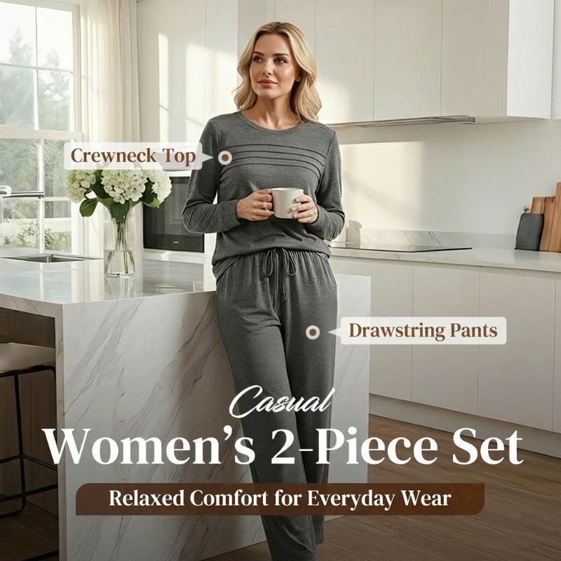 👖 🔥💓Damen-Set mit Rundhalsausschnitt-Oberteil und Hose mit Kordelzug💯