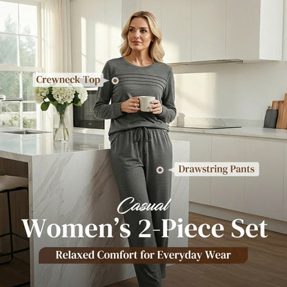 👖 🔥💓Damen-Set mit Rundhalsausschnitt-Oberteil und Hose mit Kordelzug💯