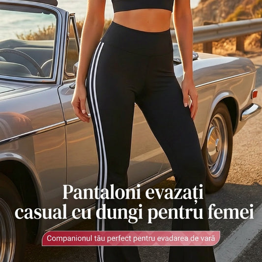 Pantaloni evaza cu talie înaltă și dungi laterale