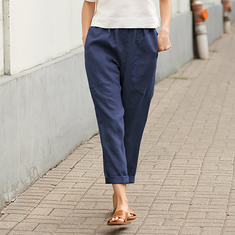 🌷【S-5XL】🥰Pantaloni largi din bumbac și in pentru femei în mărimi mari💖-3