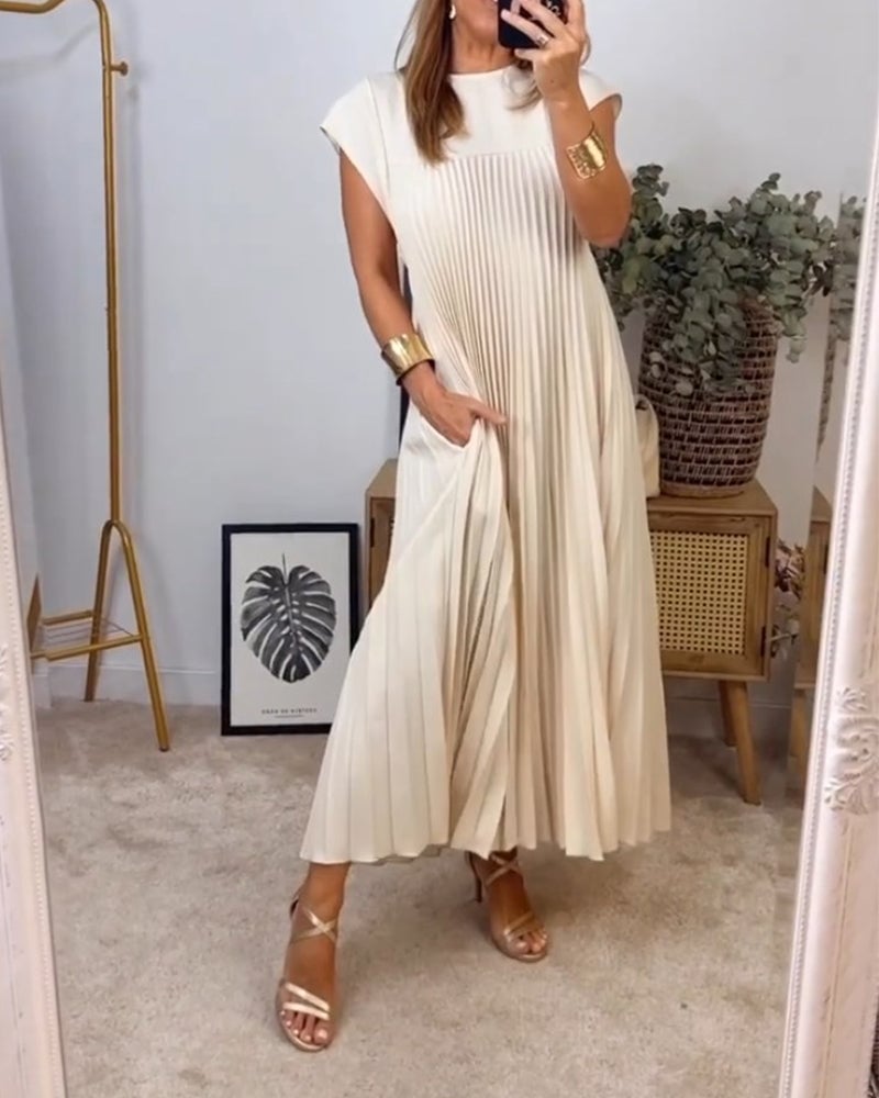 Femeile plisate rochie simplă de culoare solidă-1