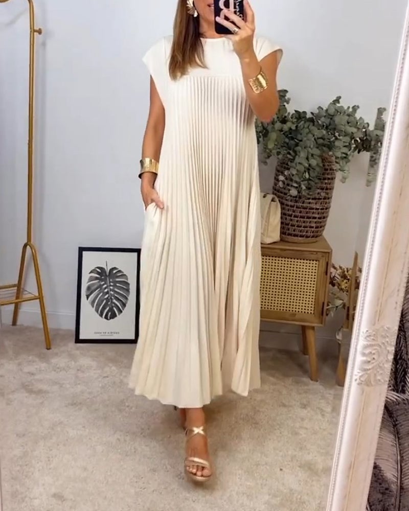 Femeile plisate rochie simplă de culoare solidă-2