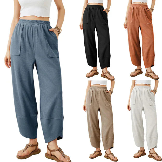 Pantaloni casual de gleznă pentru femei, cu croi lejer și talie elastică 👖