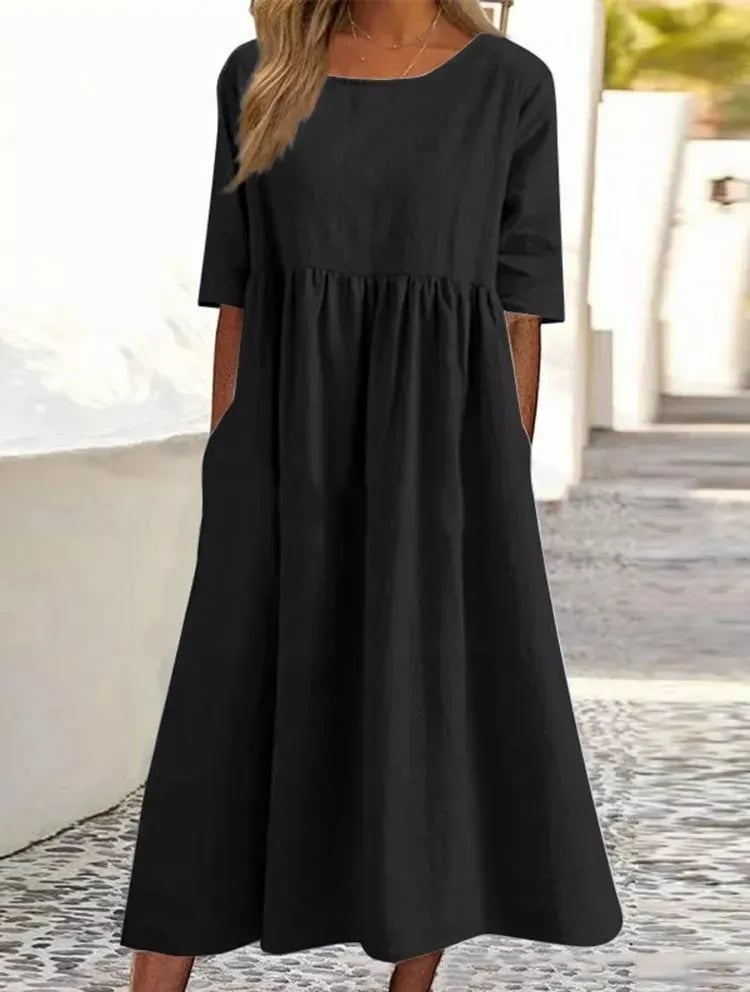 【S-5XL】👗Rochie din bumbac cu decolteu rotund și buzunare-4