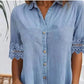 ⏳Rochie mini din denim albastră simplă, cu guler și tiv dantelă-4
