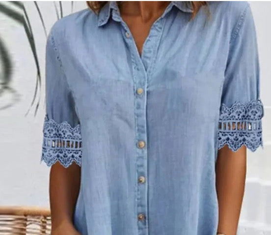 ⏳Rochie mini din denim albastră simplă, cu guler și tiv dantelă-4
