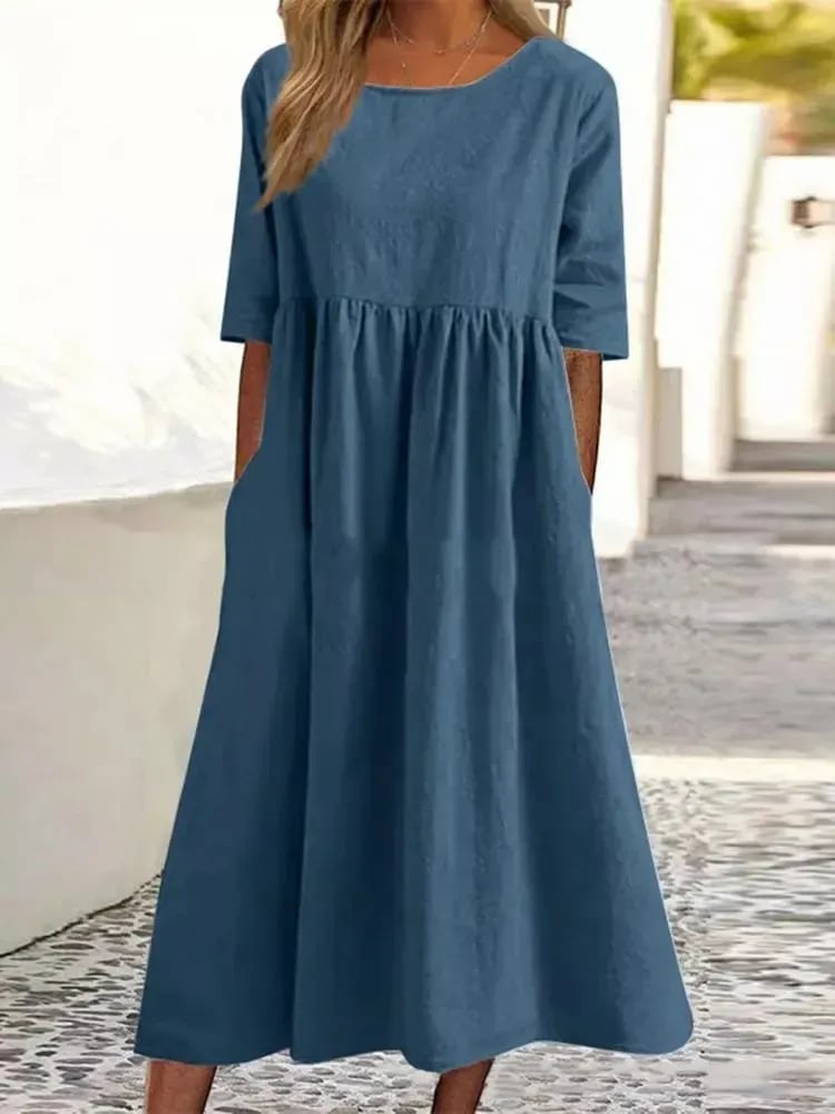 【S-5XL】👗Rochie din bumbac cu decolteu rotund și buzunare-7