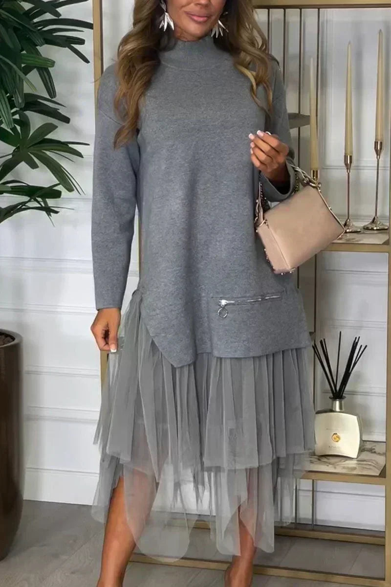 💖 Rochie patchwork tricotată de culoare solidă pentru femei-3