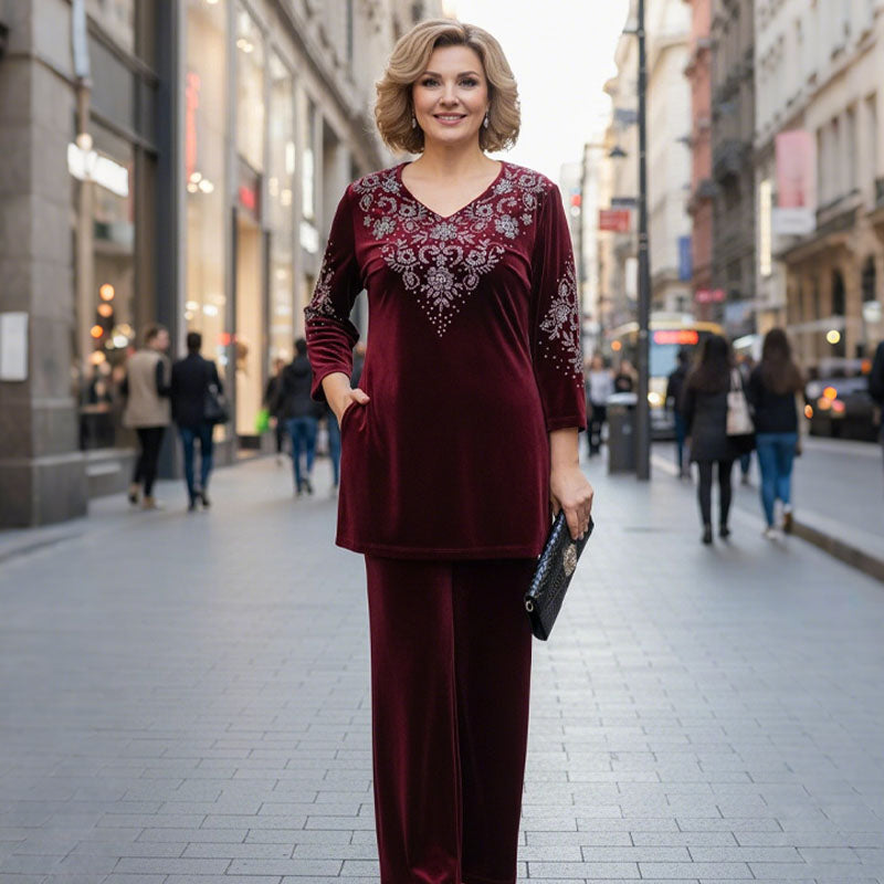 💞Set top și pantaloni din catifea cu strasuri pentru femei-2