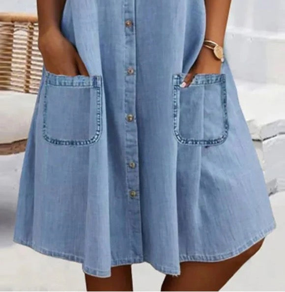 ⏳Rochie mini din denim albastră simplă, cu guler și tiv dantelă-5