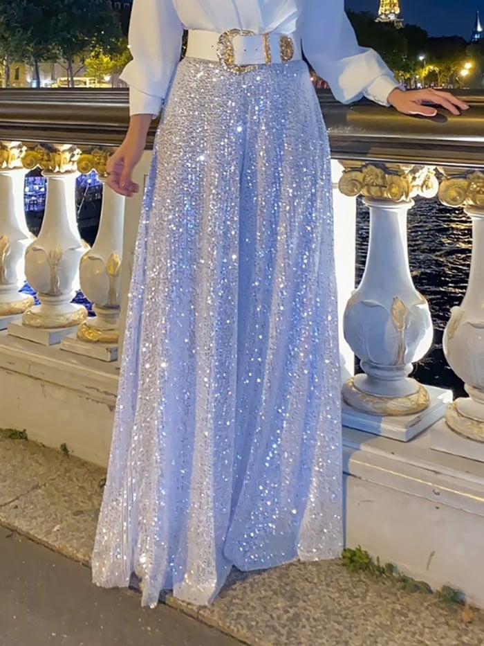 Bluză elegantă cu mânecă lungă și decolteu în V și pantaloni largi de salopetă cu paiete-3