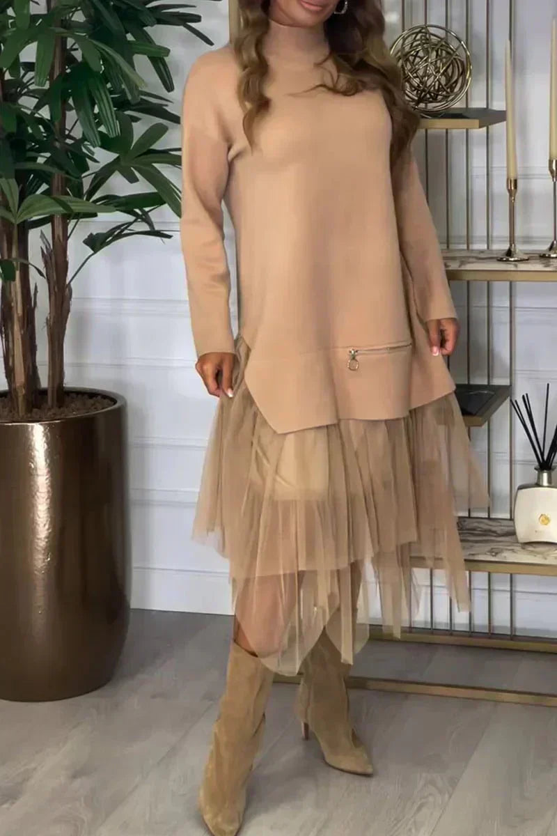 💖 Rochie patchwork tricotată de culoare solidă pentru femei-2