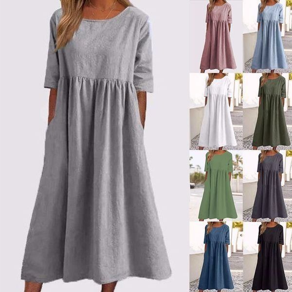 【S-5XL】👗Rochie din bumbac cu decolteu rotund și buzunare-1