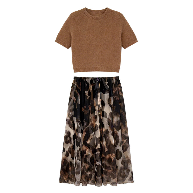 Set din două piese pentru femei: pulover și fustă leopard fluida-13
