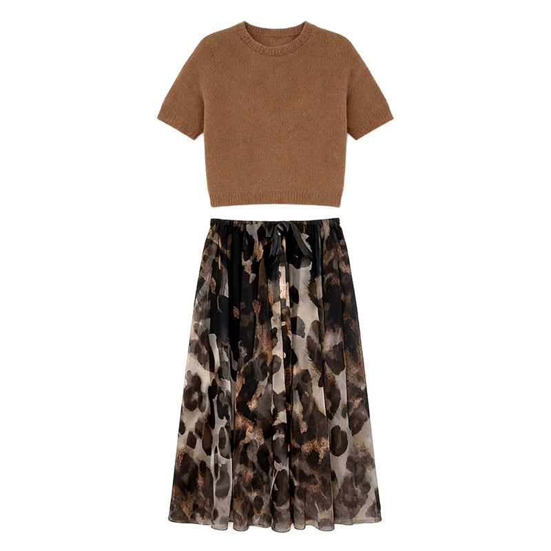🔥Zweiteiliges Set für Damen bestehend aus Pullover und fließendem Rock mit Leopardenmuster