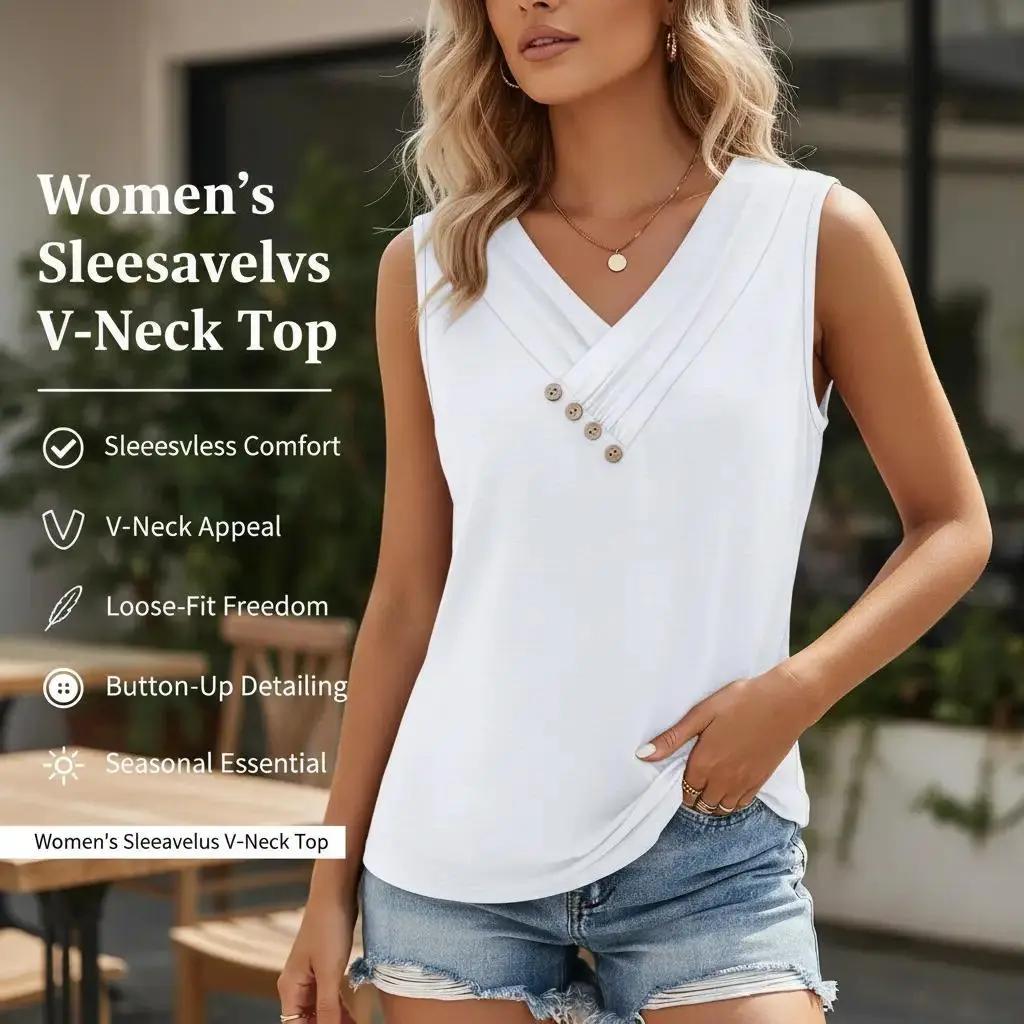 💐 Tricou larg fără mâneci, cu guler în V, pentru femei-2