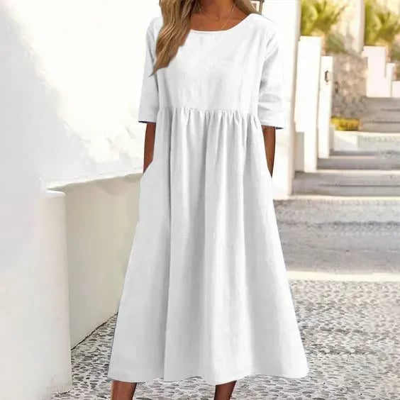 【S-5XL】👗Rochie din bumbac cu decolteu rotund și buzunare-2