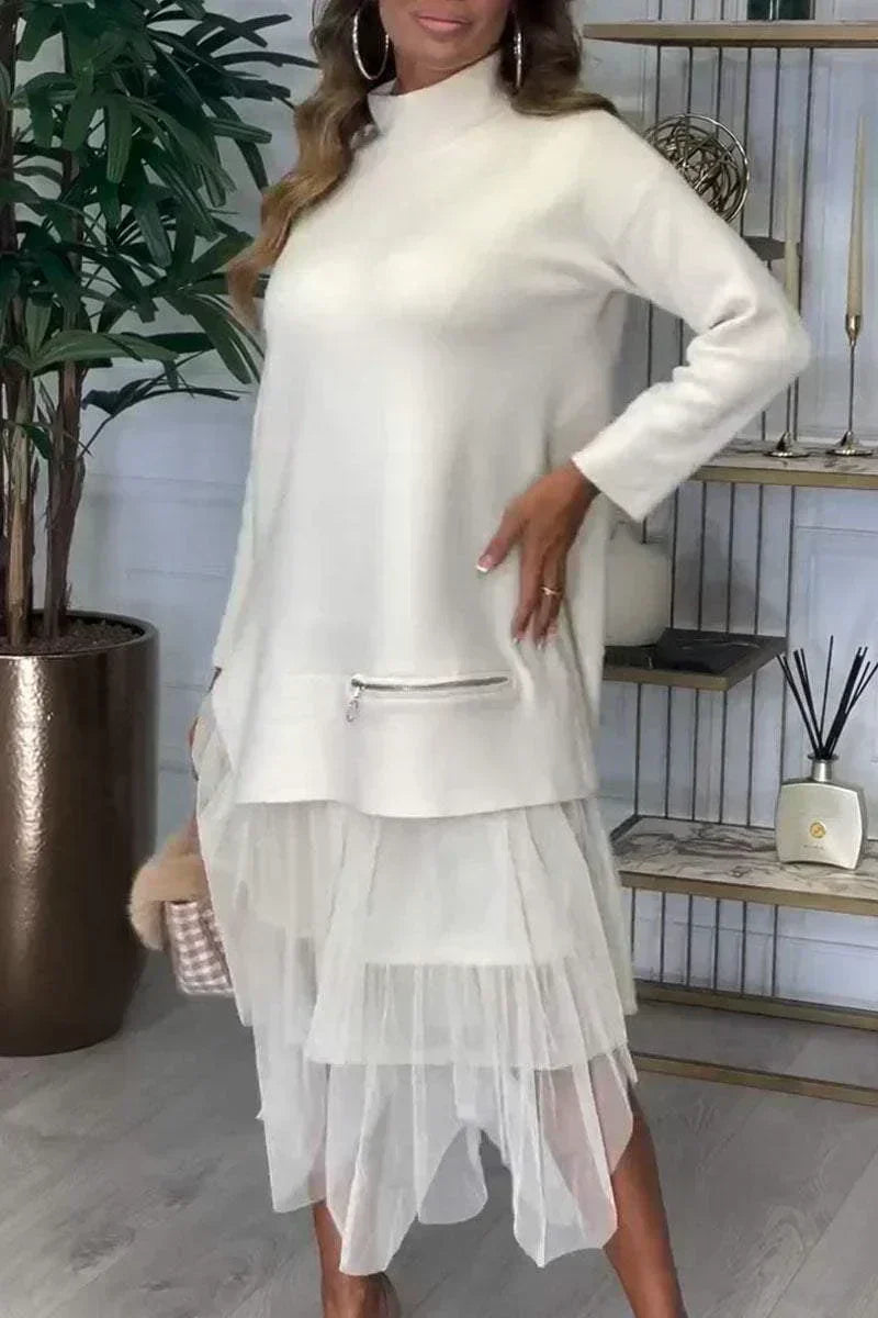 💖 Rochie patchwork tricotată de culoare solidă pentru femei-4