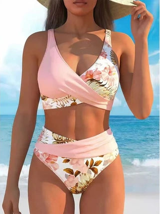 Set de bikini cu talie înaltă și imprimeu pentru femei, asortat cu sandale confortabile din tricot