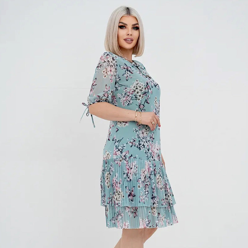Rochie lungă elegantă cu mânecă scurtă plisată pentru femei-1