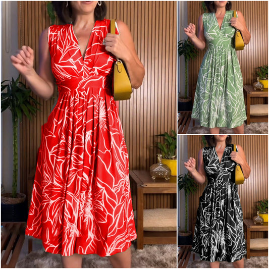 Plus Size Rochie fără mâneci, fără gât, cu decolteu în V, cu talie închisă