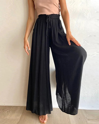 👖Pantaloni cu talie înaltă, picior larg, culoare uni – Amestec de bumbac, croială lejeră și șnur reglabil 🌿