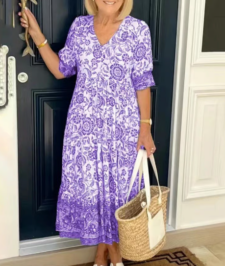 【M-5XL】🌺Rochie imprimată cu decolteu în V, elegantă și stilată-4