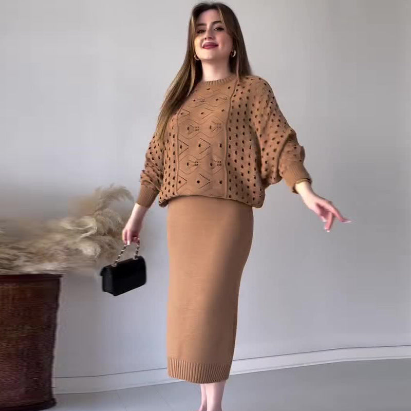 📦Livrare gratuită📦Set tricot Openwork cu mânecă lungă și rochie fără mâneci-11
