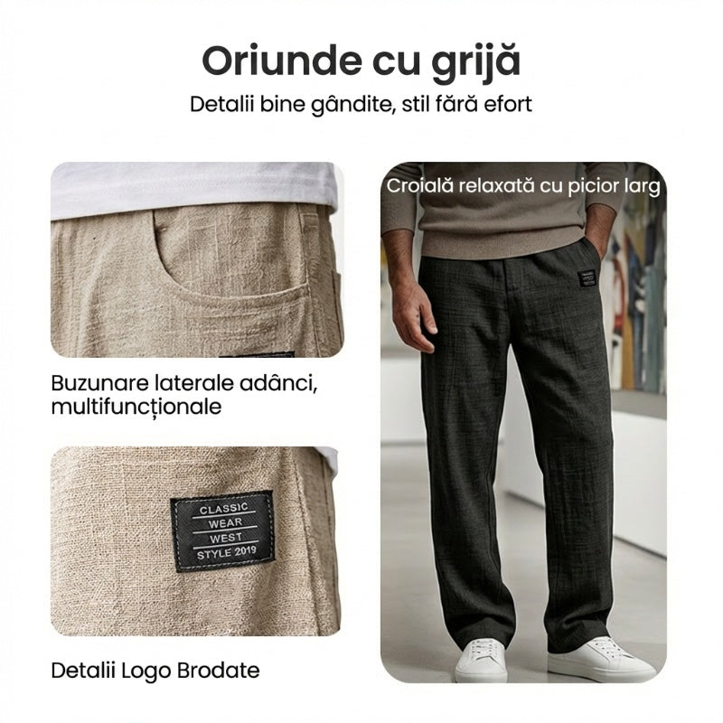 🟔 Pantaloni pentru bărbați din bumbac și in, cu croială largă-6