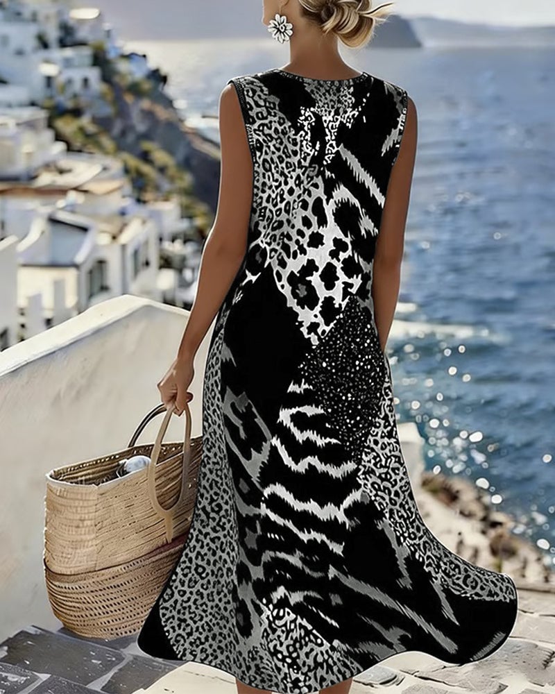 💐Rochie lungă fără mâneci, cu imprimeu leopard în stil patchwork-3