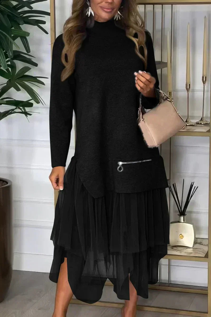 💖 Rochie patchwork tricotată de culoare solidă pentru femei-1