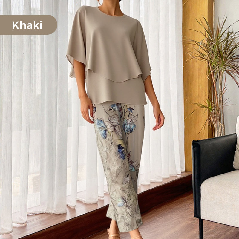 💖Set pantaloni imprimați și top cu gât rotund pentru femei-13