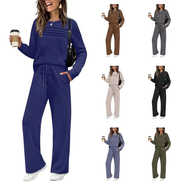 👖 🔥💓Damen-Set mit Rundhalsausschnitt-Oberteil und Hose mit Kordelzug💯