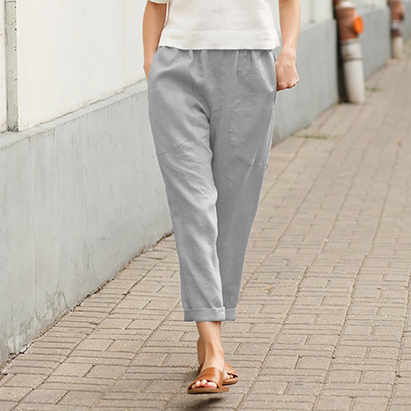 🌷【S-5XL】🥰Pantaloni largi din bumbac și in pentru femei în mărimi mari💖-4