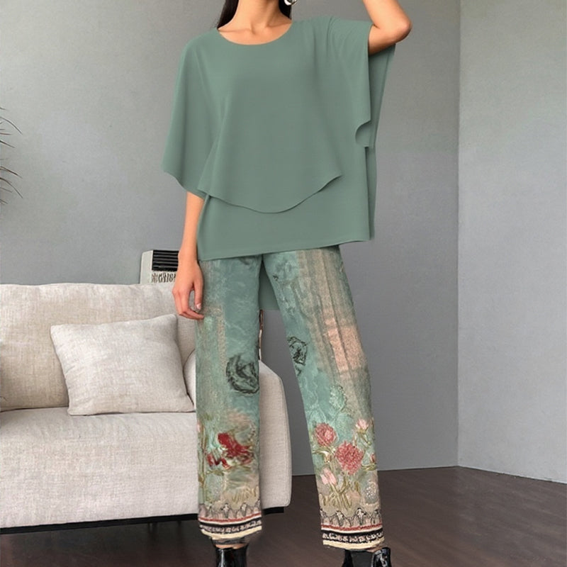 💖Set pantaloni imprimați și top cu gât rotund pentru femei-7