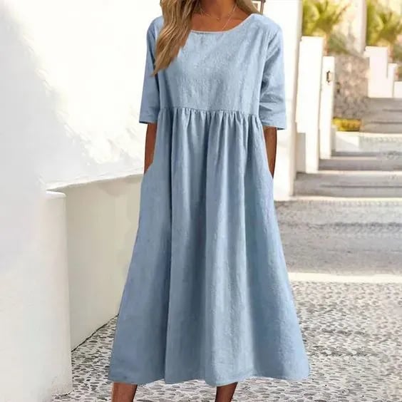 【S-5XL】👗Rochie din bumbac cu decolteu rotund și buzunare-8