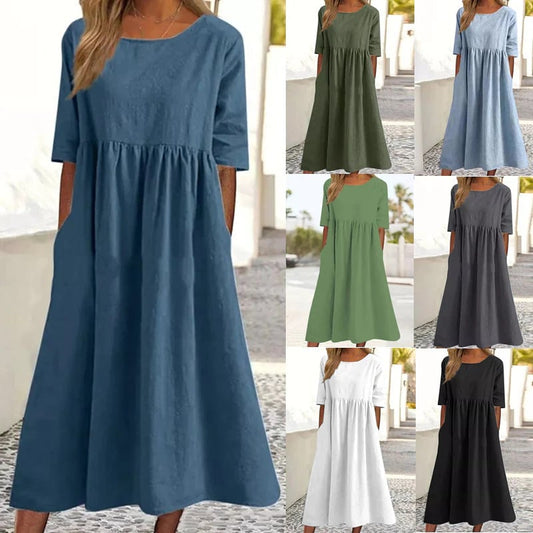 【S-5XL】👗Rochie din bumbac cu decolteu rotund și buzunare