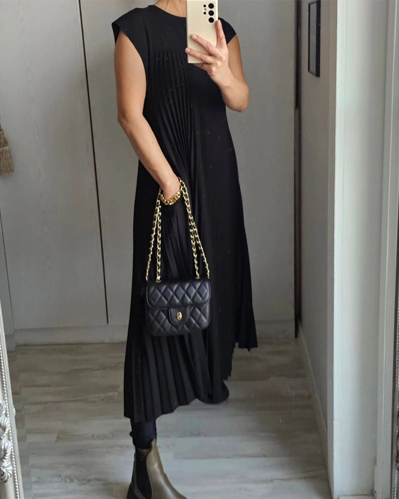 Femeile plisate rochie simplă de culoare solidă-10